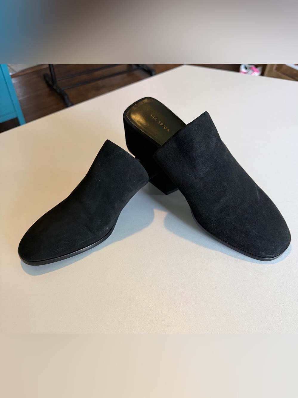 Via Spiga Black Suede Slip-On Block Heel Mules